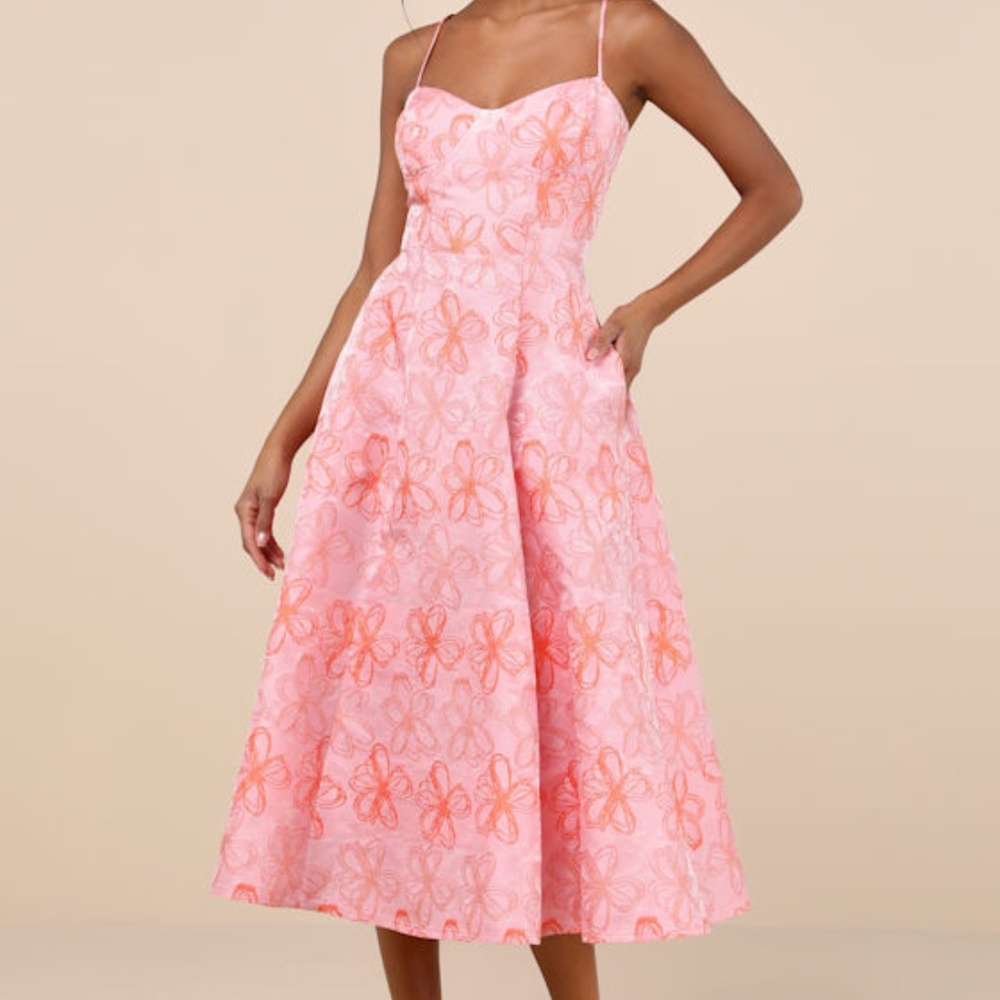 NWT Lulus Meet For Tea Pink Jacquard Bustier Midi Dress With Pockets - Size XL